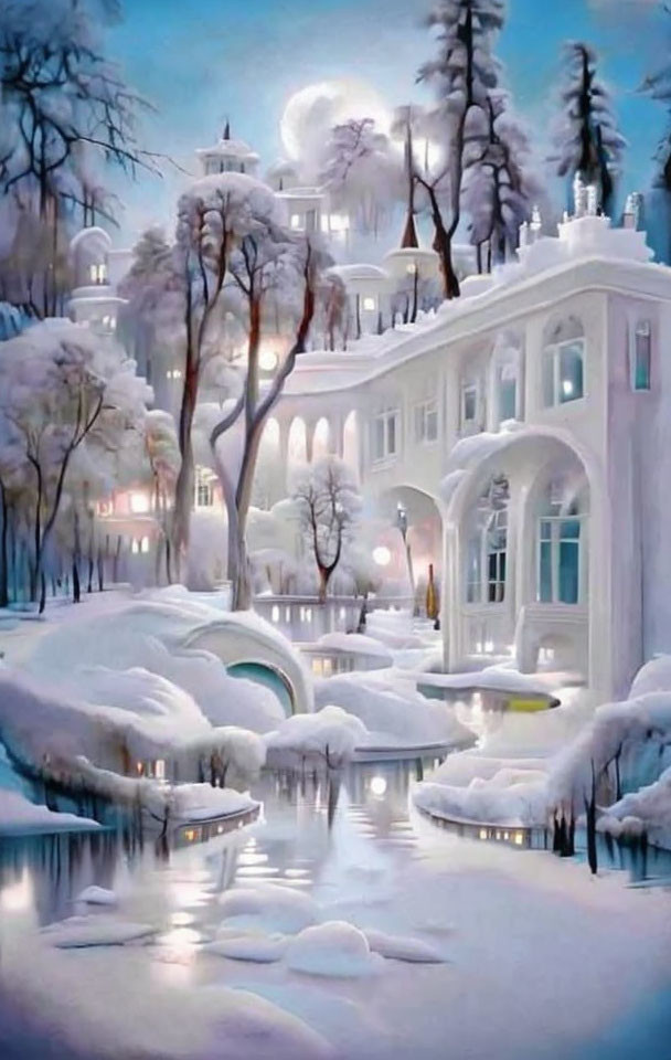 Snow-covered park with classical buildings and frozen river in serene winter scene