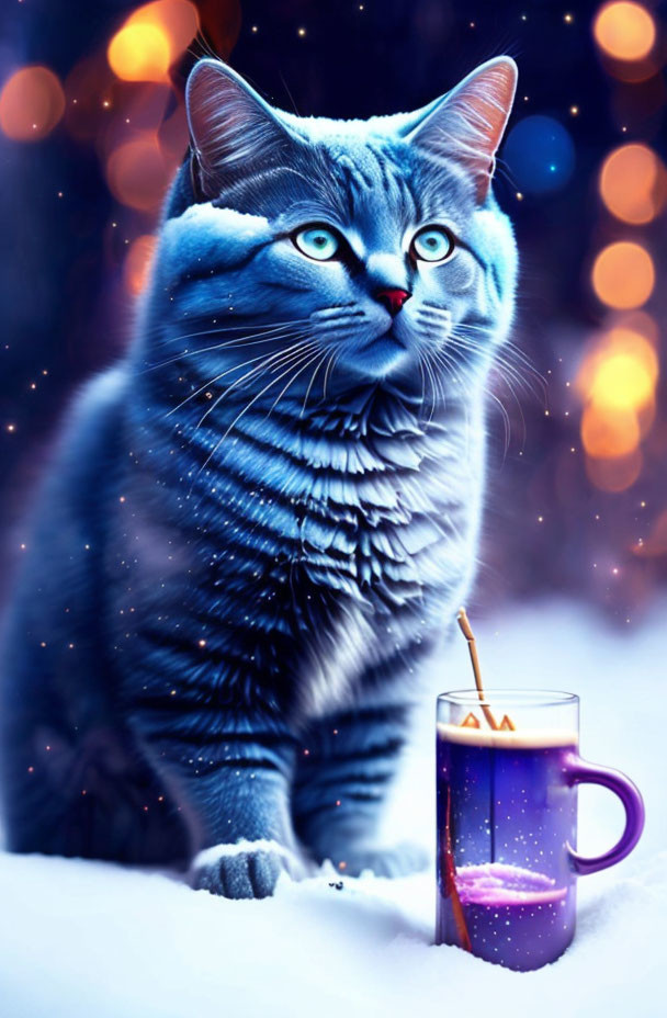 Blue-toned cat with vibrant blue eyes next to a steaming mug in wintry backdrop.