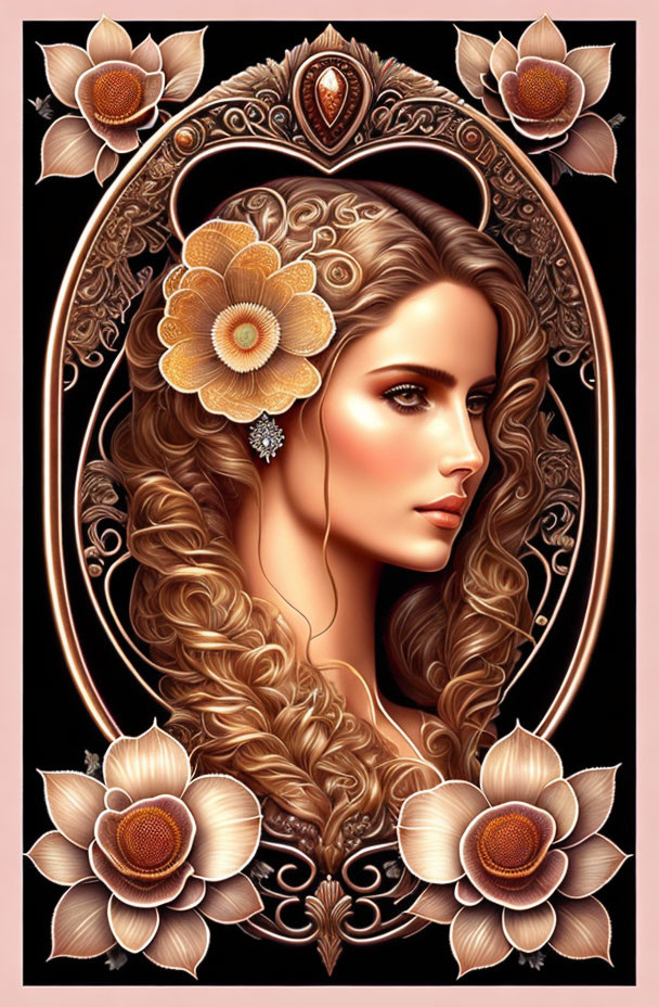 Woman with flowing hair in ornate floral frame: Vintage artistic illustration