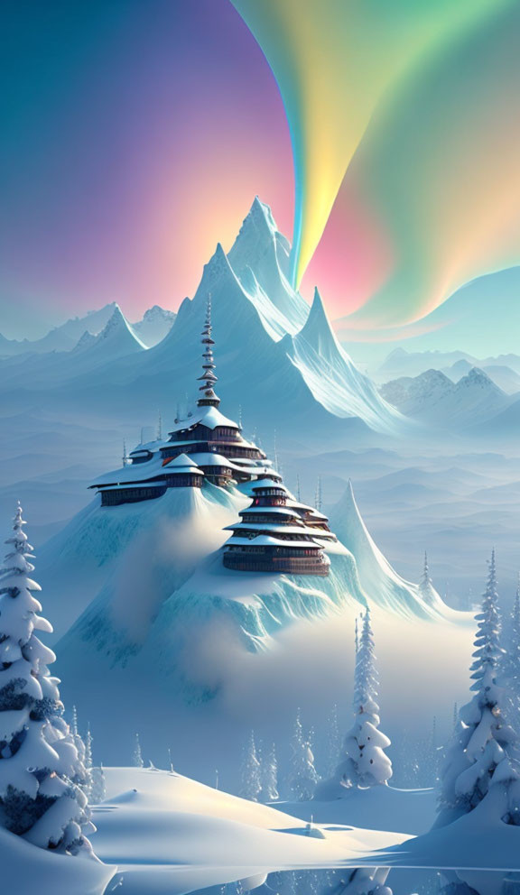 Snowy Mountains, Futuristic Pagoda, Colorful Aurora Fantasy Landscape