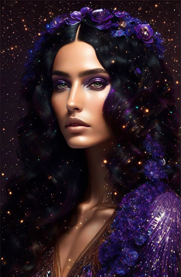 Digital portrait of woman with dark hair, purple flowers, violet makeup, sequined garment, starry