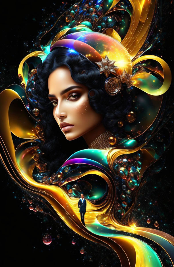 Dark-haired woman in surreal cosmic background with golden swirls