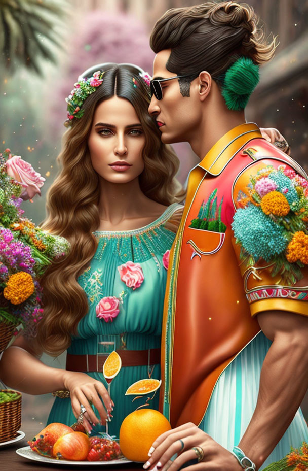 Fashionable couple in vibrant flower setting with woman in flower crown and teal dress, man in sunglasses and