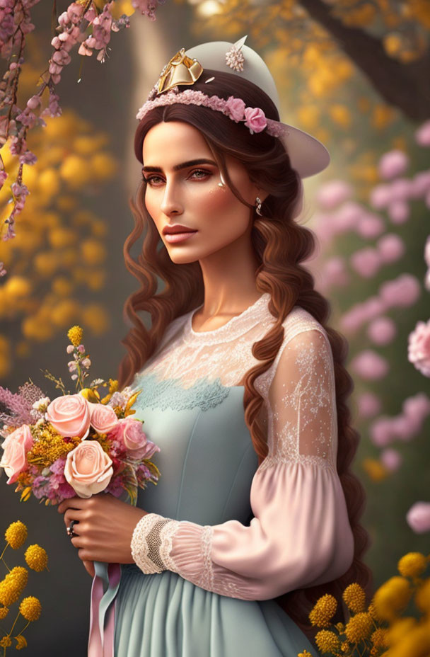 Woman with decorative hat and bouquet in vintage setting among blossoming flowers