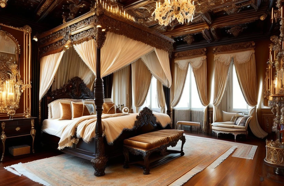 Luxurious Bedroom with Four-Poster Bed and Crystal Chandelier