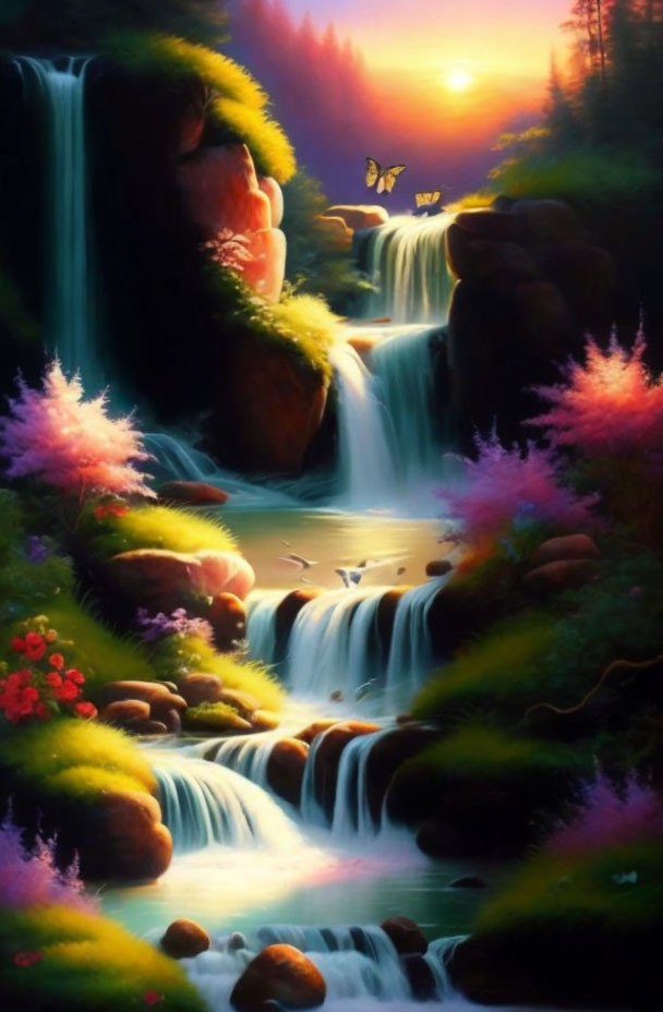 Tranquil waterfall scene with lush greenery and butterfly