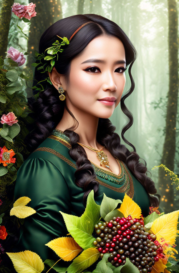 Woman with braided hair, green dress, surrounded by flowers in forest setting