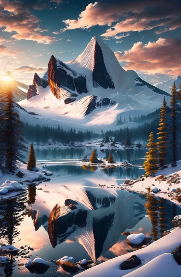 Serene Mountain Landscape: Sunrise Reflection, Snow Peaks, Autumn Trees