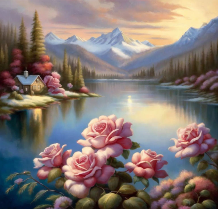 Tranquil landscape with pink roses, lake, cottage, trees, and snowy mountains