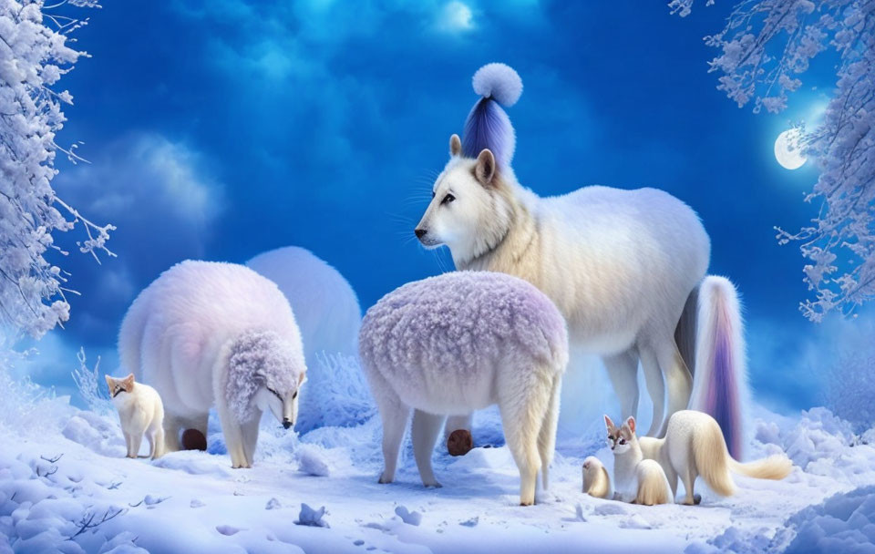 Whimsical snowy landscape with white fox and pastel animals