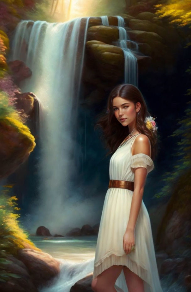 Woman in white dress at serene waterfall in lush greenery