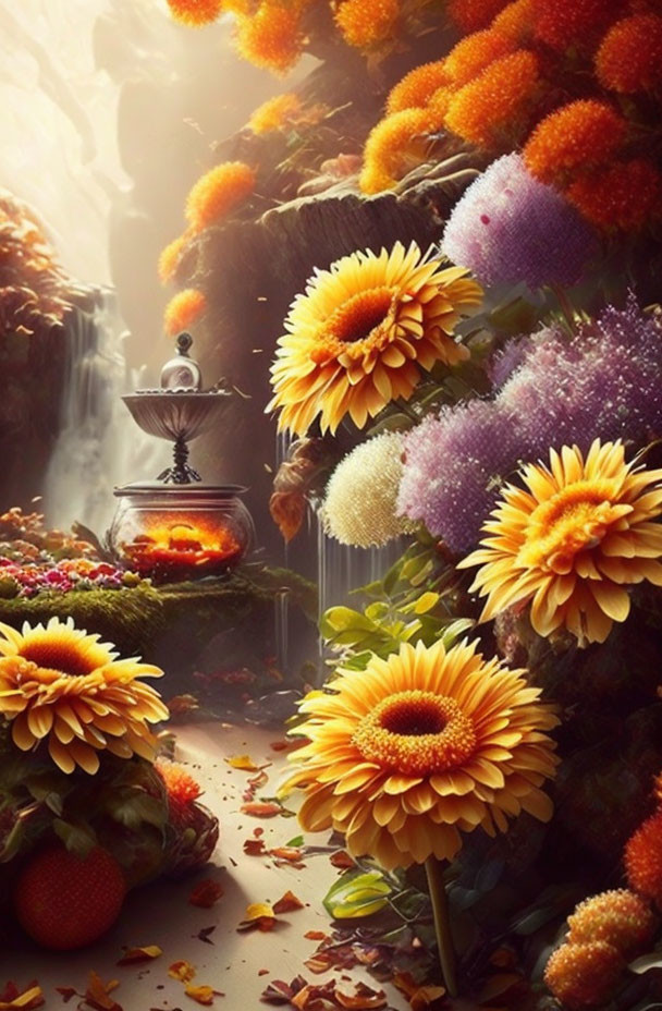 Lush sunflowers and purple flowers in misty garden scene