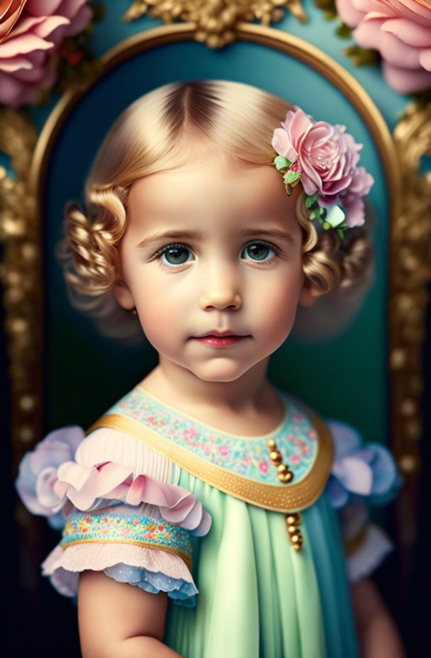 Young child with curly hair and floral adornment in pastel dress against ornate background