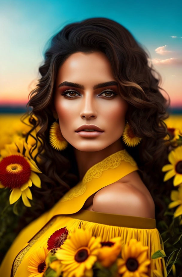 Woman with Curly Hair in Yellow Dress Surrounded by Sunflowers at Sunset