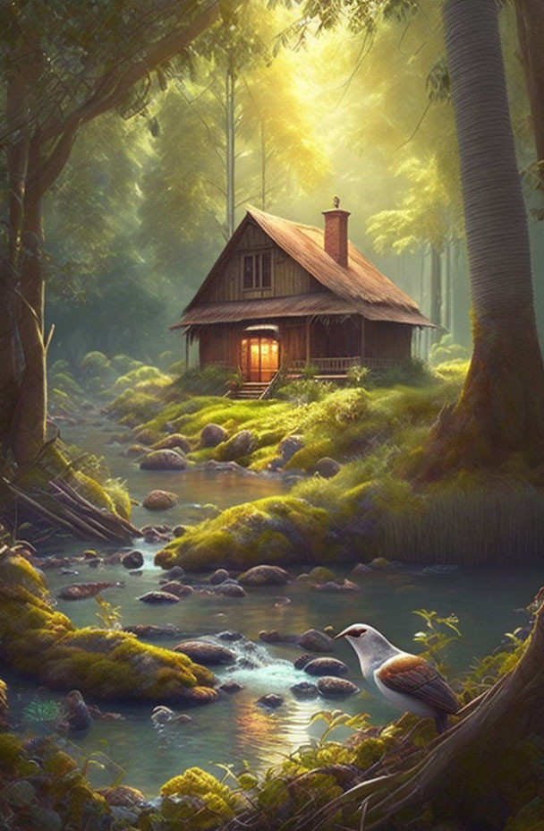 Tranquil forest cabin scene with stream and heron at dawn