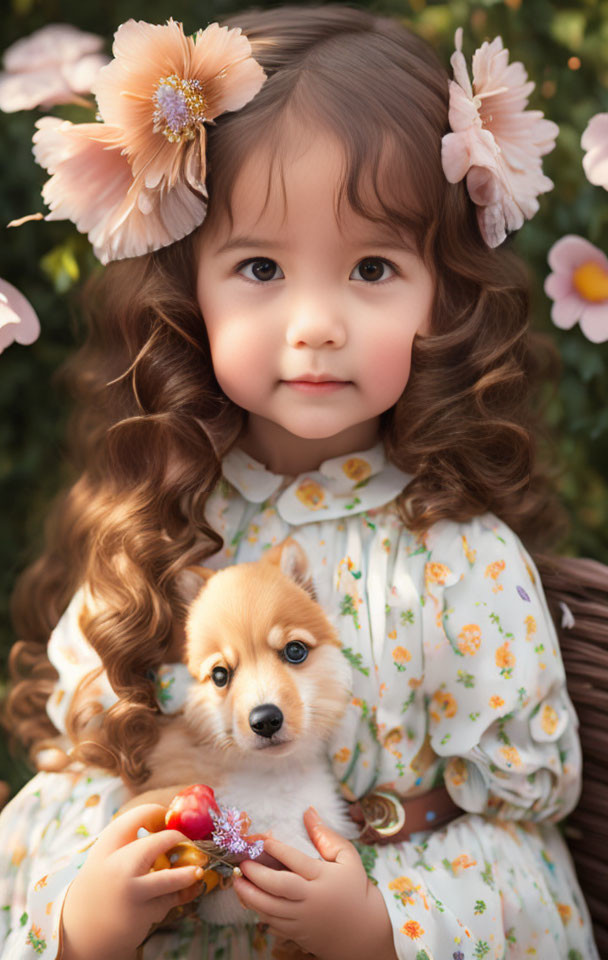 Curly-Haired Girl with Corgi Puppy in Floral Dress and Flowers