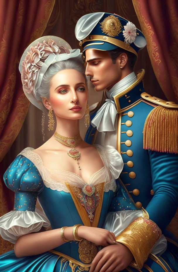 Man in blue military uniform whispers to woman in blue period dress with gold jewelry