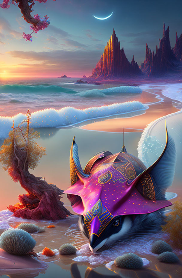 Colorful digital artwork of a beach landscape with ornate wolf head, exotic trees, glowing moon.