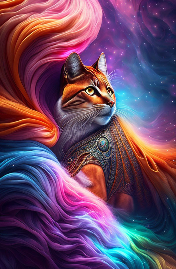 Majestic cat digital artwork with galaxy-themed background