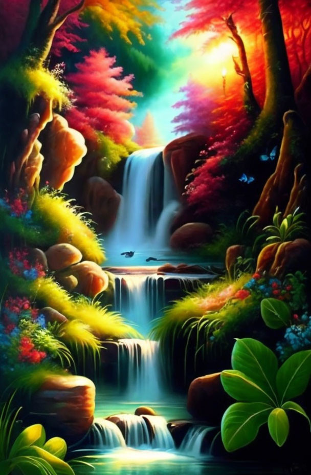 Vibrant painting of cascading waterfall and lush trees