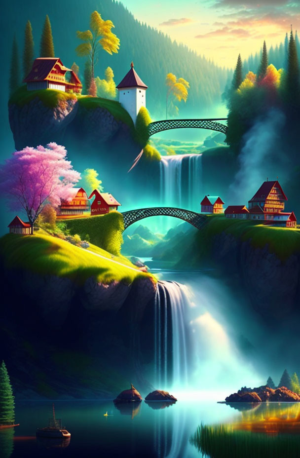 Tranquil waterfall, bridges, houses, trees, and lake in serene landscape