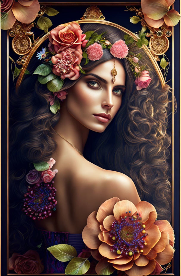 Illustrated woman portrait with curly hair, floral crown, blue eyes, and golden headpiece