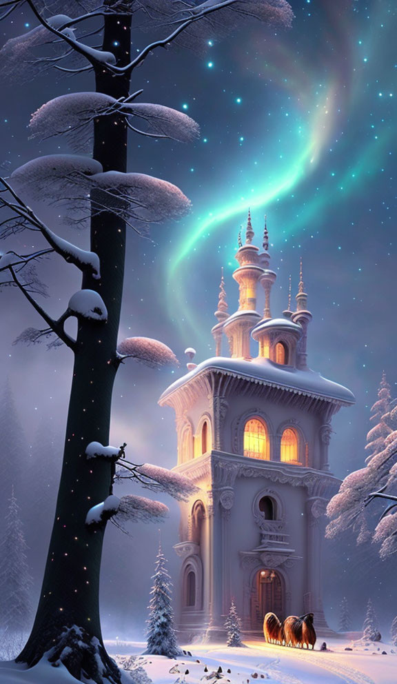 Enchanting snowy castle scene with northern lights and horses