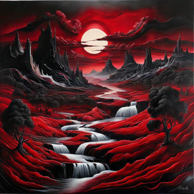 Surreal red rivers, black trees, waterfalls, and spiky mountains under a red