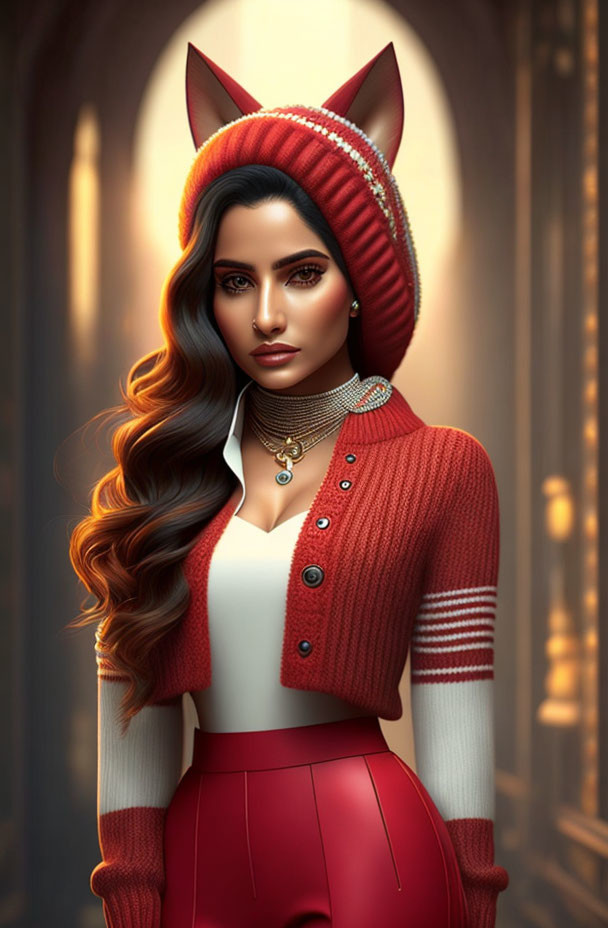 Stylized female character with fox ears in red outfit against golden-lit backdrop