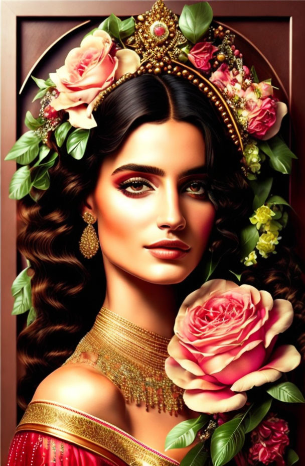 Stylized portrait of woman with long wavy hair and floral crown