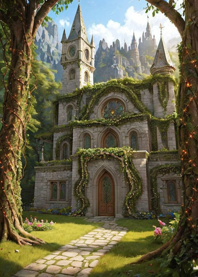 Majestic castle in lush green forest clearing