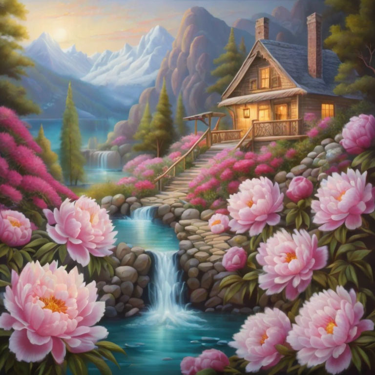 Tranquil cottage by stream with pink flowers and mountains at sunset