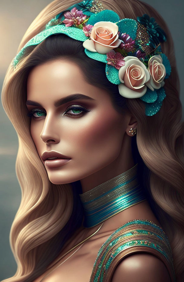 Striking Green-Eyed Woman in Floral Jeweled Ensemble