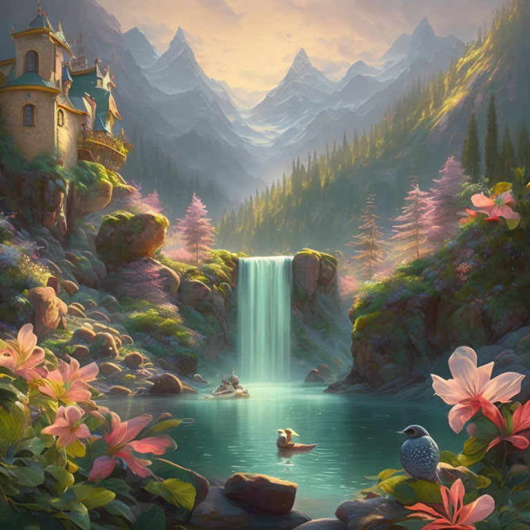 Tranquil fantasy landscape with waterfall, castle, ducks, mountains, and flowers