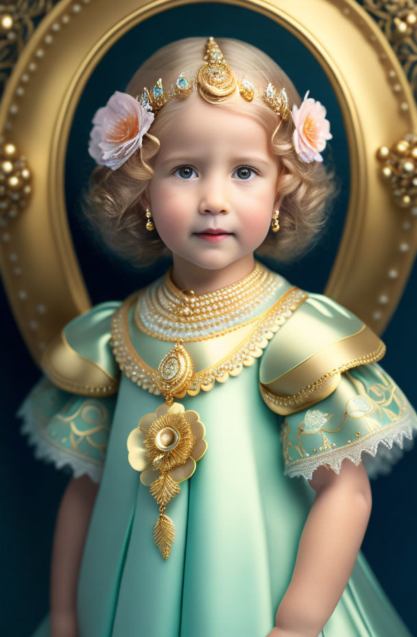 Young child portrait with fair curly hair, gold tiara, teal dress, gold accents.