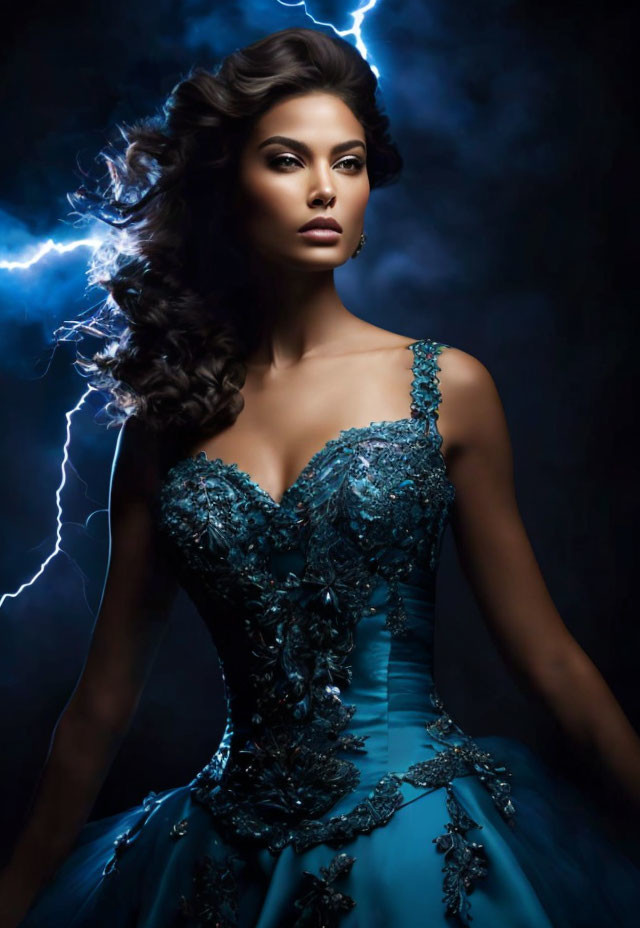 Woman in Blue Embellished Dress with Dramatic Lightning