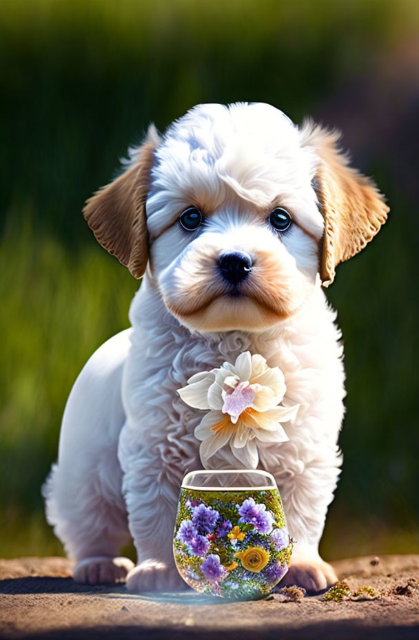 Fluffy white and tan puppy beside glass bowl with flowers on green background