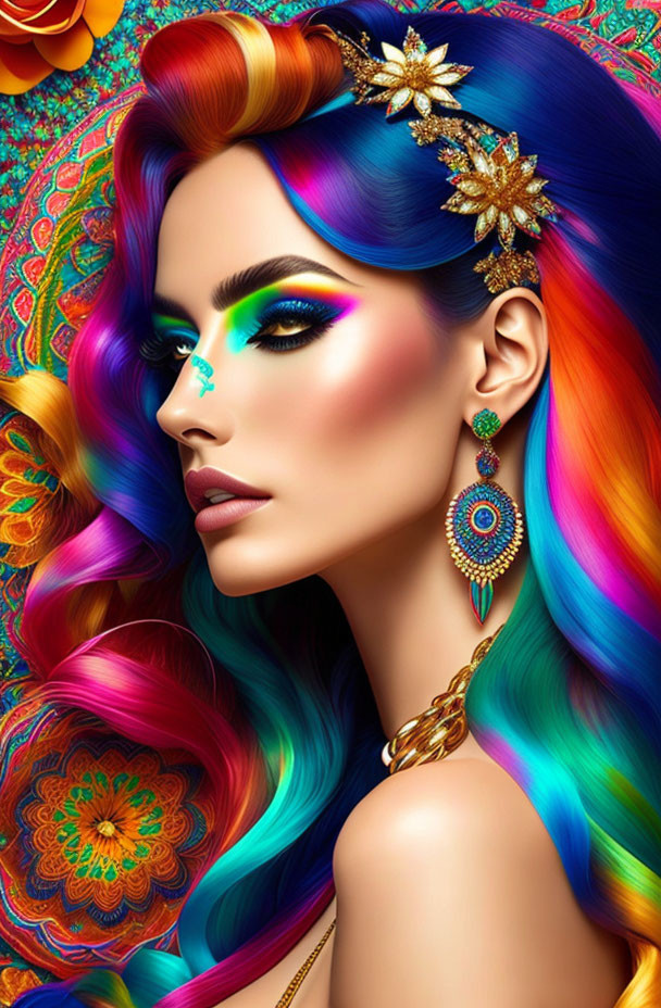 Colorful woman with rainbow hair, green eyeshadow, and floral backdrop