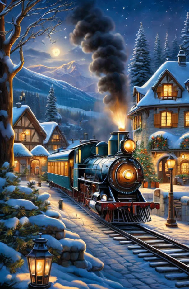 Vintage steam locomotive at snow-covered station with festive lights