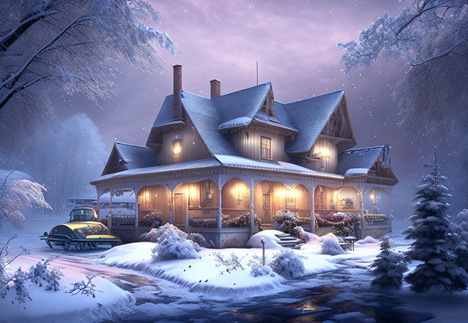 Snow-covered landscape with charming two-story house and vintage car at twilight