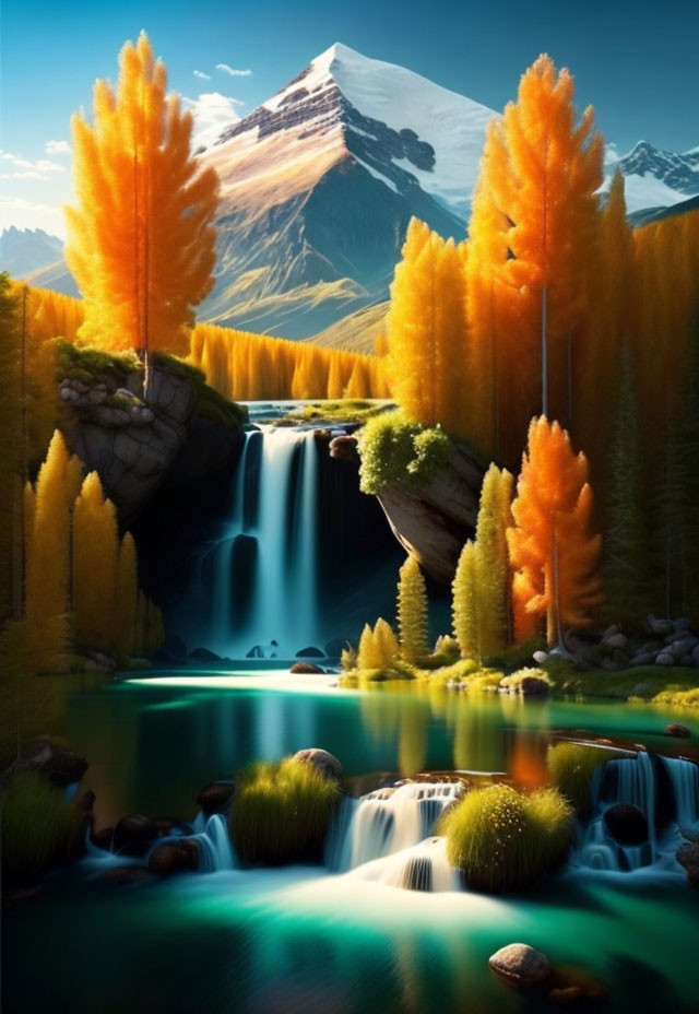 Autumnal trees frame serene cascade and mountain peak