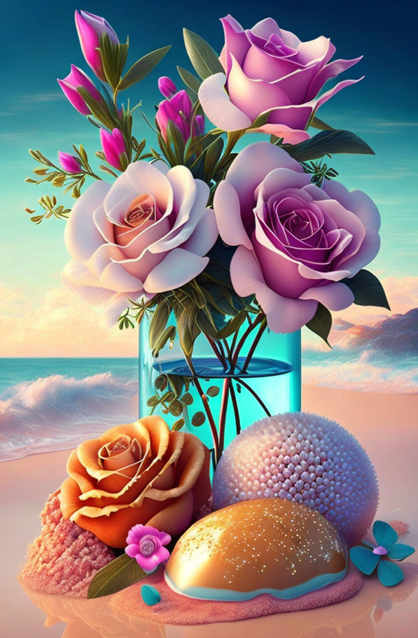 Colorful bouquet of roses, seashells, and starfish on sandy beach at sunset