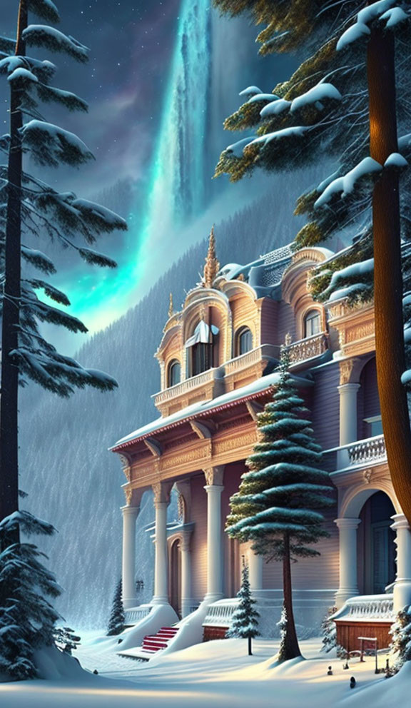 Snow-covered mansion under aurora borealis in winter scene