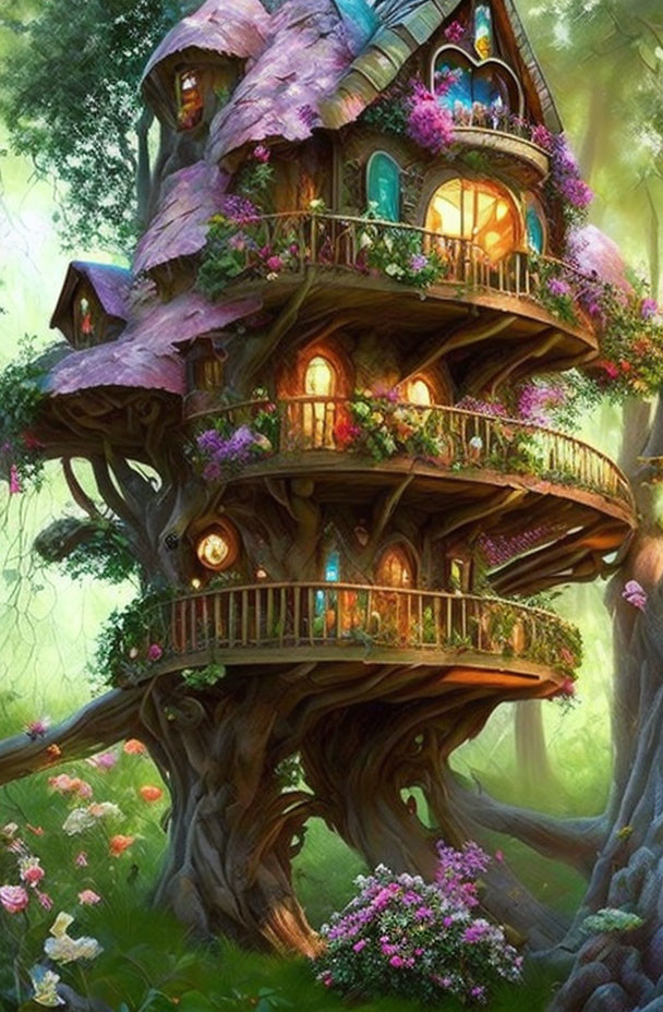 Enchanting multi-level treehouse nestled in lush foliage