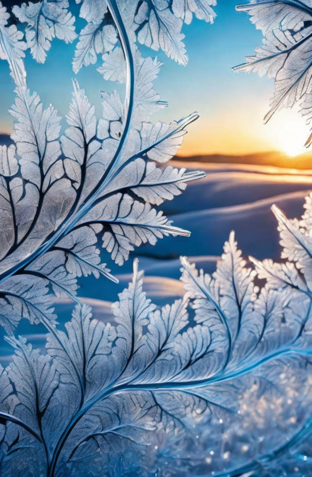 Detailed frost patterns mimic foliage on sunrise snowscape