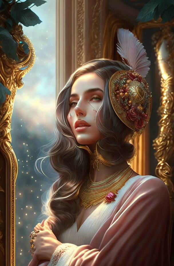 Illustrated woman with flowing hair and elaborate headdress gazes out window with golden accents.