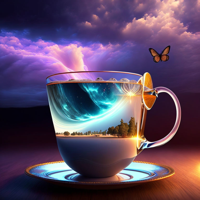 Transparent tea cup with cosmic scene and butterfly on stormy sky