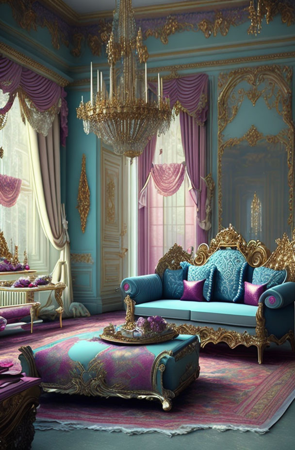 Luxurious Lavender Room with Gold Trim, Turquoise Sofa, and Chandeliers