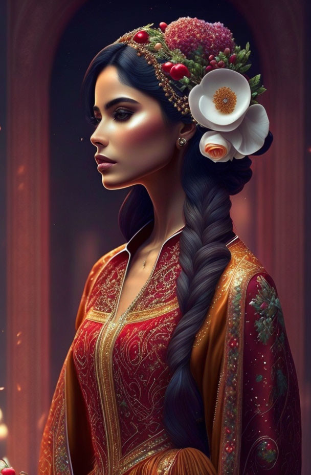 Woman with Long Braid and Floral Adornments in Traditional Outfit