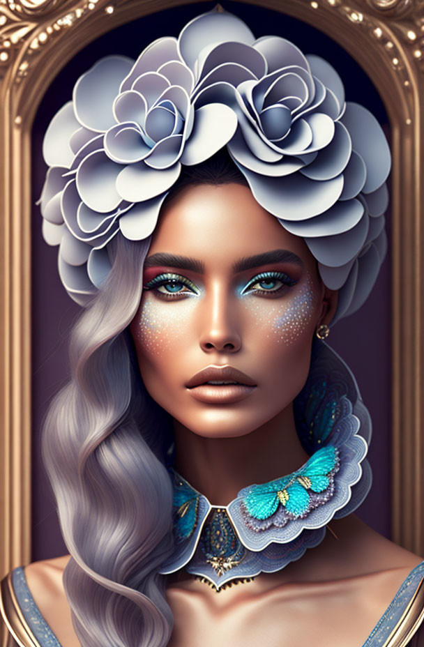 Portrait of a woman with blue floral hair adornments and intricate blue & gold jewelry